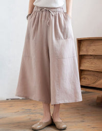 Elastic waist linen cropped trousers with pockets