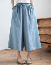 Women Casual Linen Wide Leg Cropped Culotte Pants