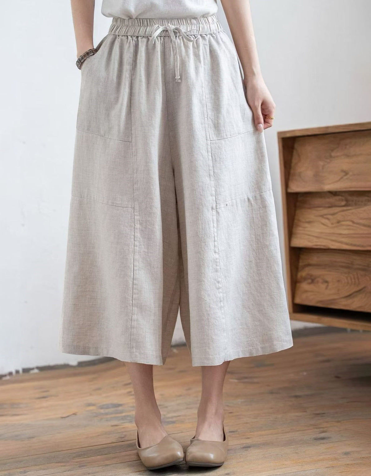 Casual Elastic Waist Linen Wide Leg Women Trousers