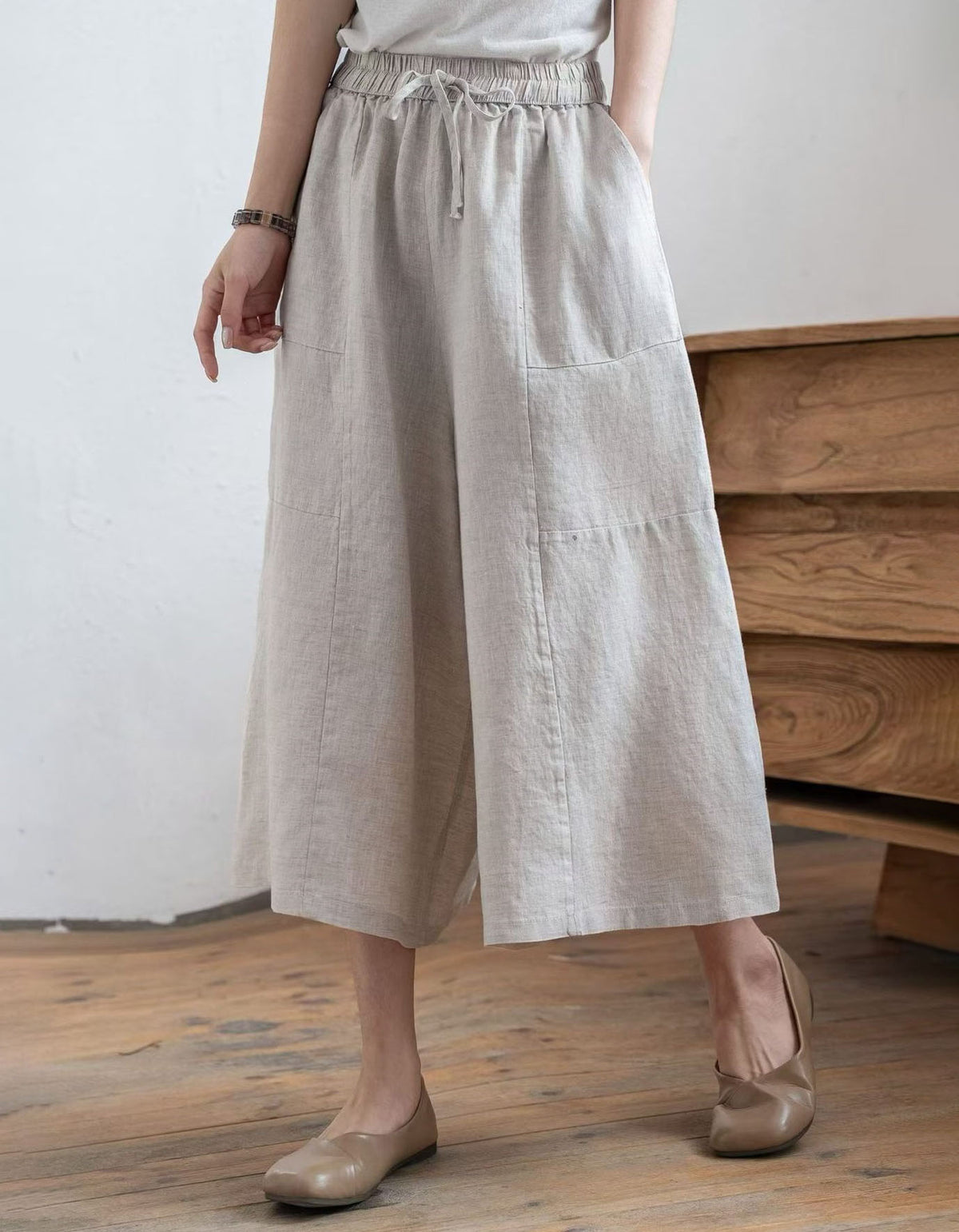 Linen blend wide leg culotte pants for women