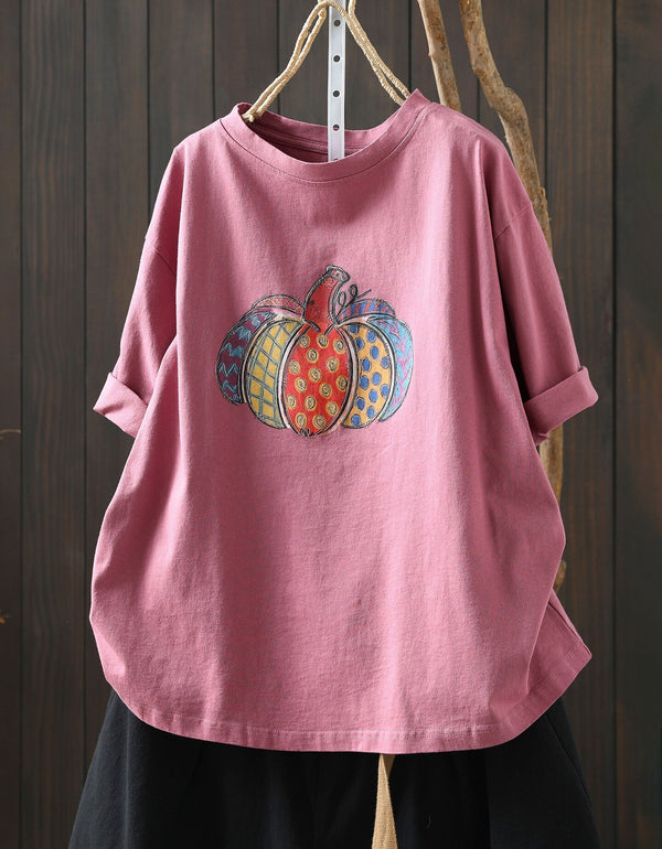 Vintage Pumpkin Print Casual Pink Oversized Tee