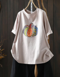 Casual Gray Cotton Tee with Artistic Pumpkin Print
