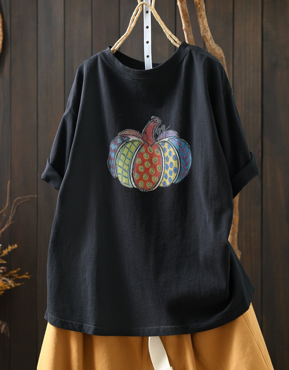 Retro Pumpkin Graphic Oversized Black Women’s Top
