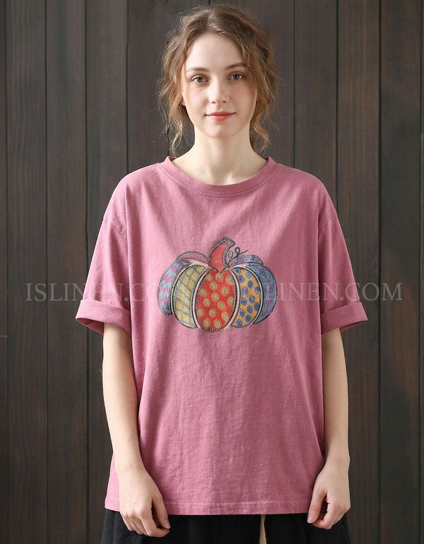 Women Loose Pink Pumpkin Graphic Cotton T-Shirt