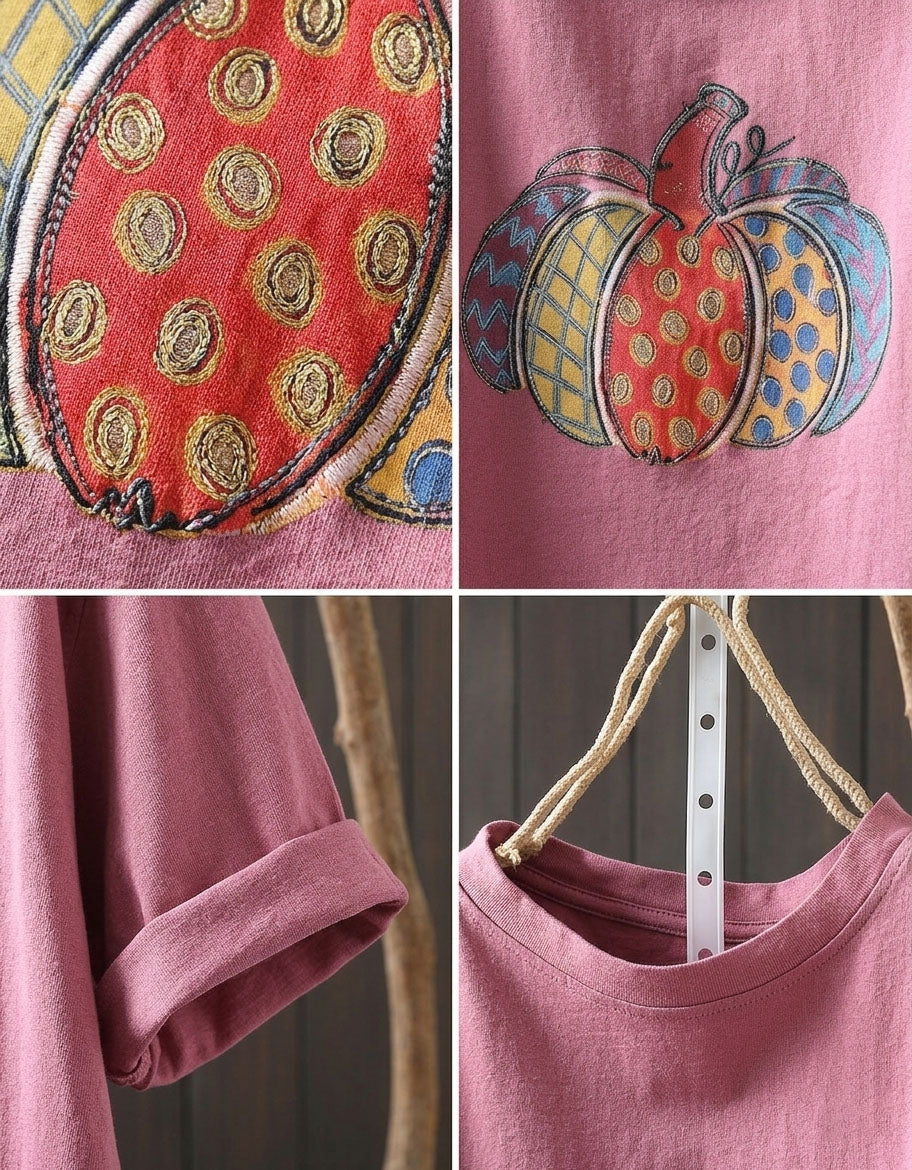 Vintage pumpkin print oversized women casual pink tee