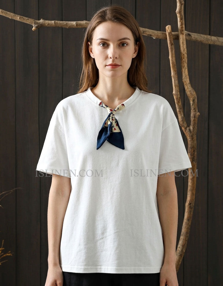 Women’s Loose Fit White T-Shirt with Neck Scarf