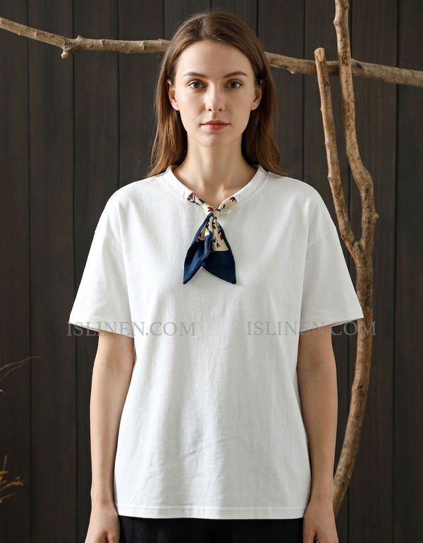 Women’s Loose Fit White T-Shirt with Neck Scarf