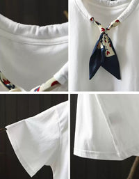 Soft Cotton White Tee with Neck Scarf Casual Top