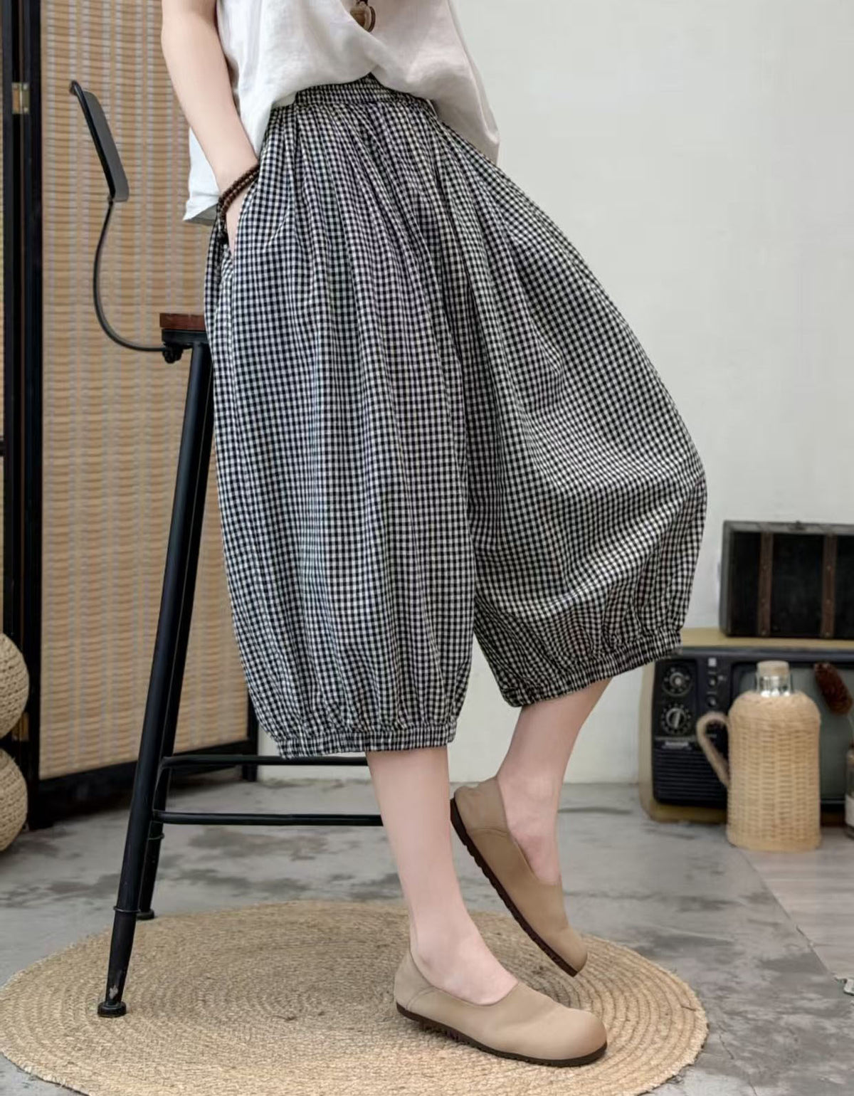 Loose Black Checkered Pants Women Elastic Waist Casual