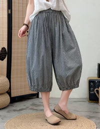 Women Black Plaid Harem Pants Elastic Waist Cropped Fit