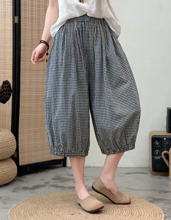 Women Black Plaid Harem Pants Elastic Waist Cropped Fit