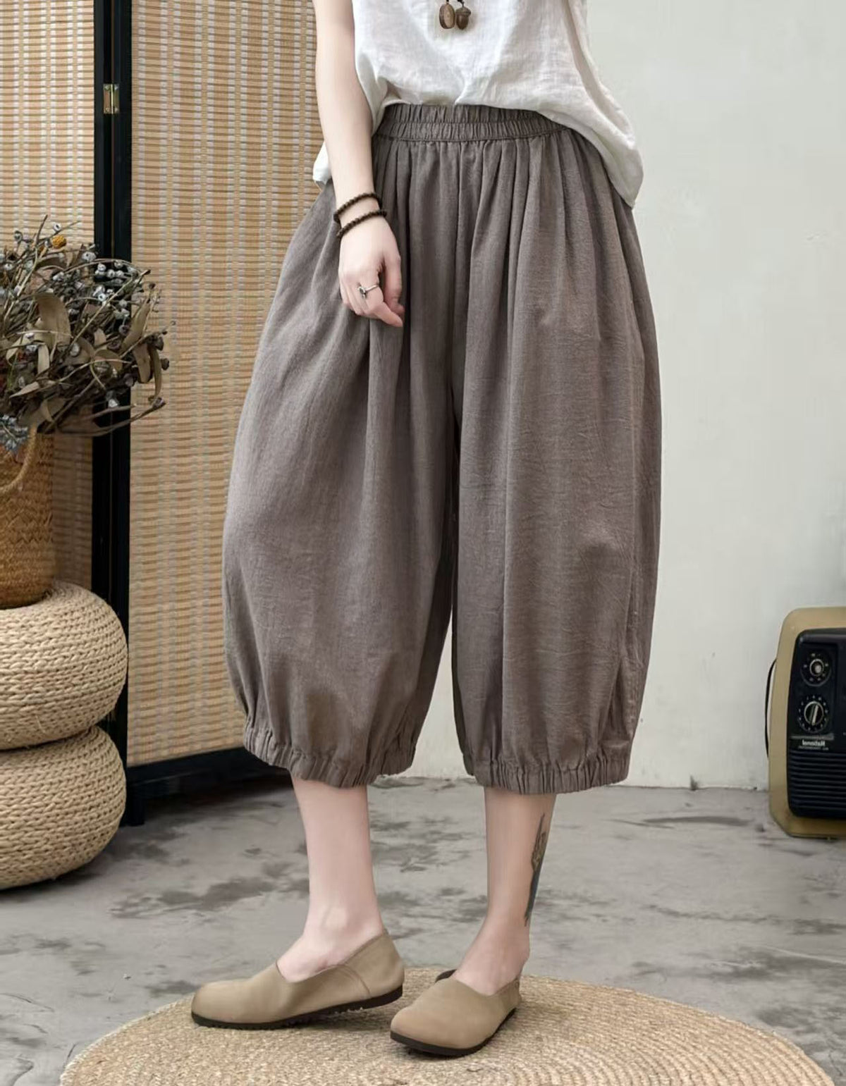 Casual Black Check Pants Women Loose Fit Elastic Waist