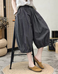 Black checkered harem pants women loose cropped fit