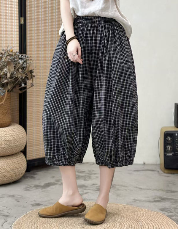 Black Checkered Harem Pants Women Loose Cropped Casual