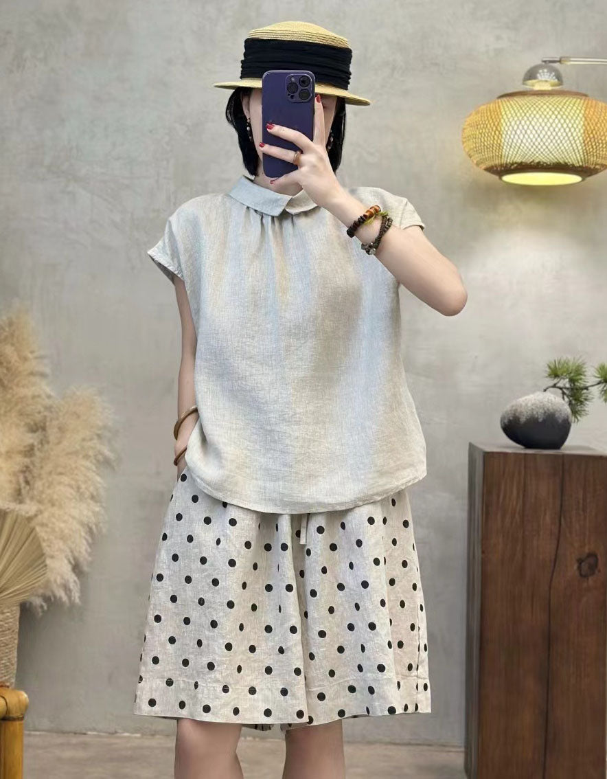 Women’s Linen Blend Polka Dot Shorts – Loose Fit Knee Length Culottes