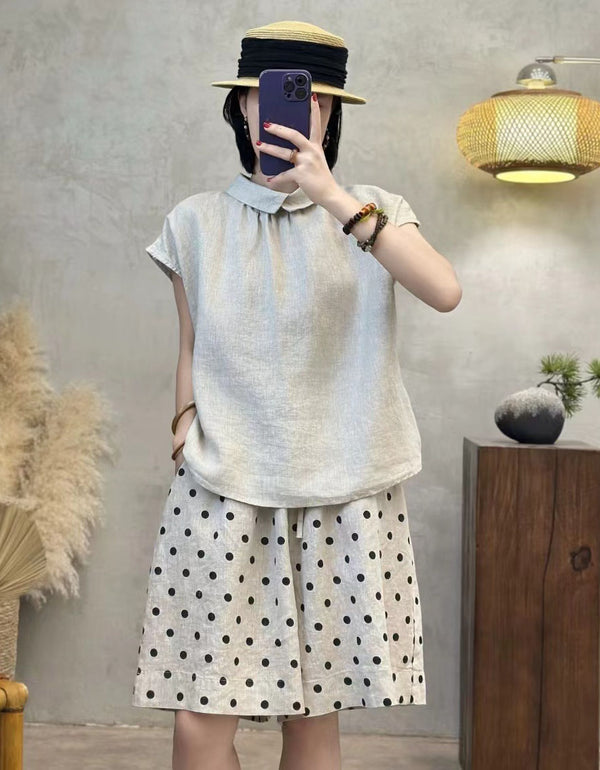 Women’s Linen Blend Polka Dot Shorts – Loose Fit Knee Length Culottes