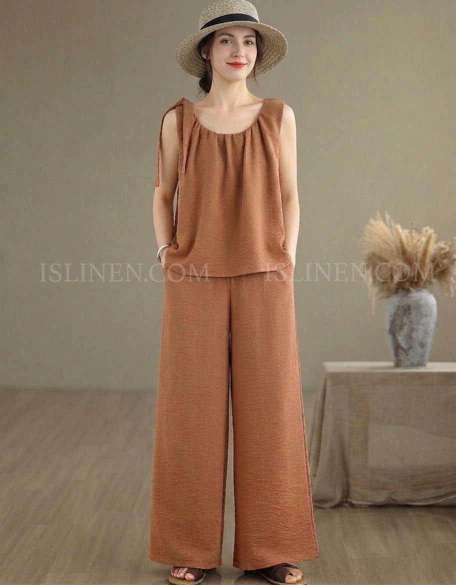 Women Casual Sleeveless Linen Wide Leg Pants Set