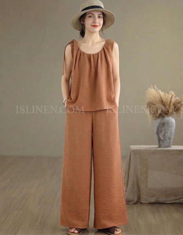 Women Casual Sleeveless Linen Wide Leg Pants Set