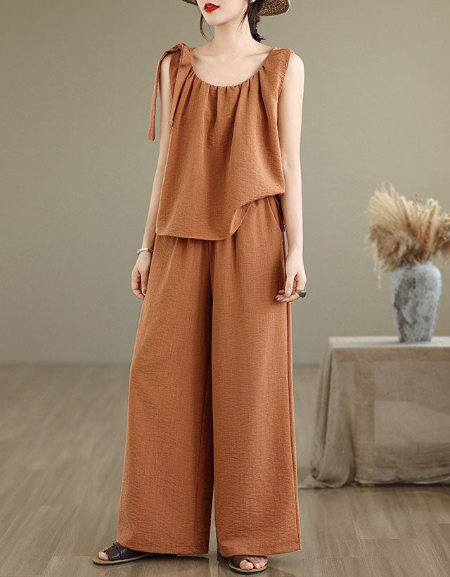 Women Relaxed Sleeveless Linen Lounge Pants Set