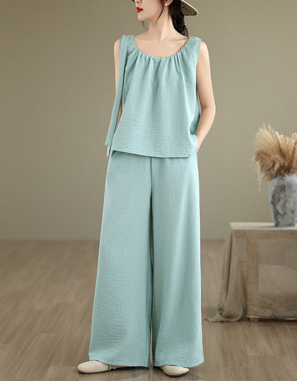 Minimalist Linen Blend Two Piece Women Outfit Set