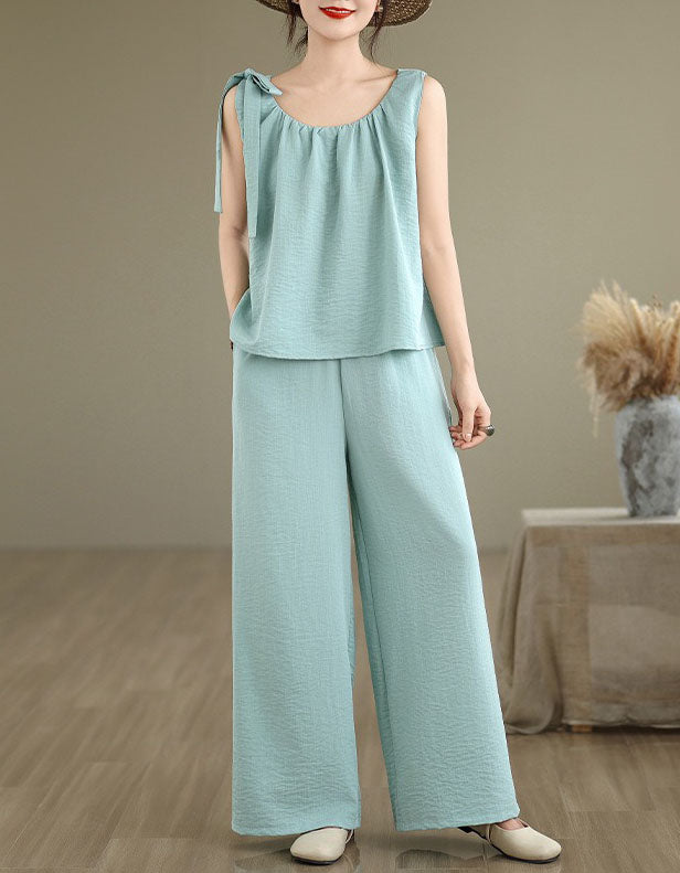 Casual Linen Two Piece Wide Leg Women Summer Set