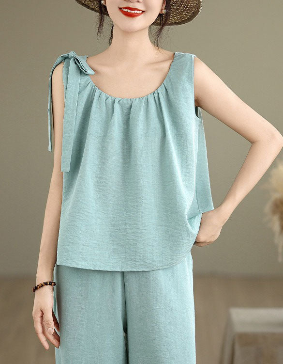 Women casual sleeveless linen wide leg pants set front view