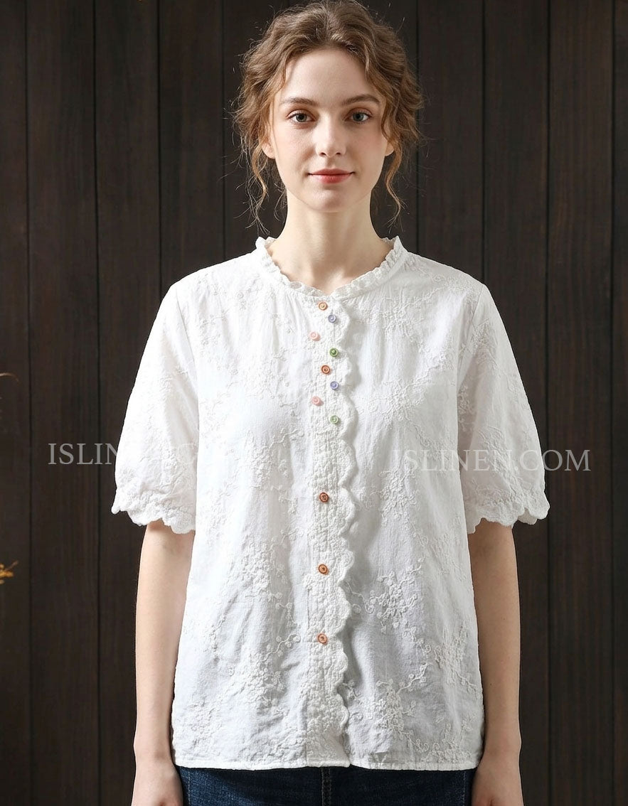 women white embroidered blouse short sleeve linen casual top 2026 May Women's Collection
