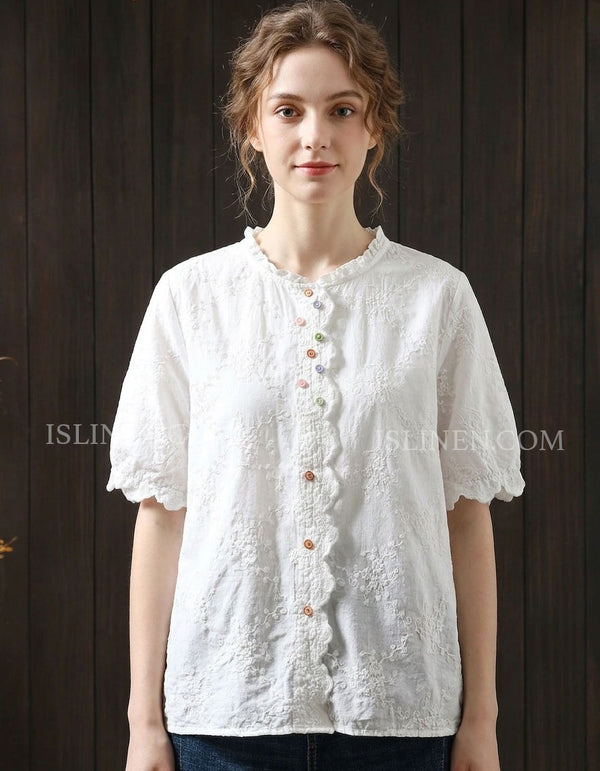 women white embroidered blouse short sleeve linen casual top 2026 May Women's Collection