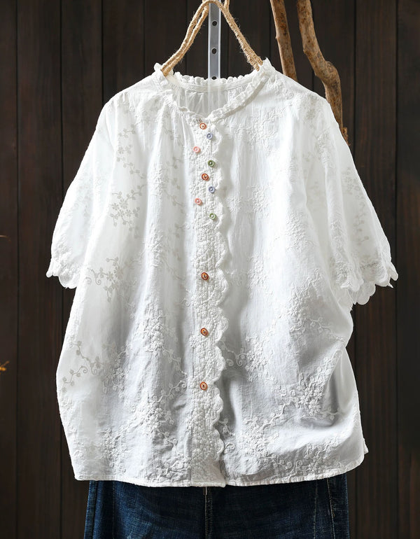 white linen blouse women floral embroidery summer spring top 2026 May Women's Collection