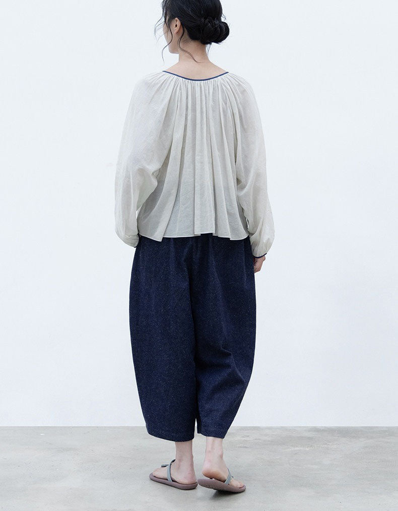 Minimalist White Balloon Sleeve Cotton Blouse Top