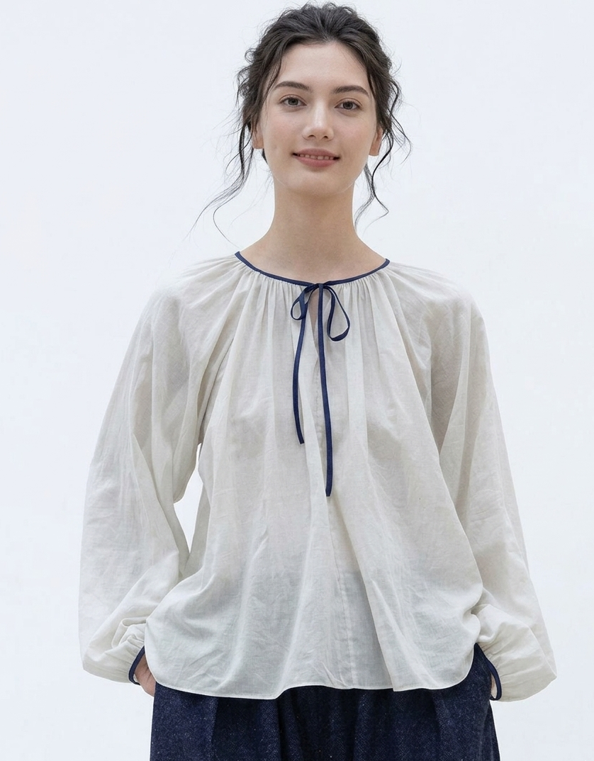 Women’s White Cotton Peasant Blouse with Tie Neck