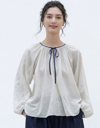 Women’s White Cotton Peasant Blouse with Tie Neck