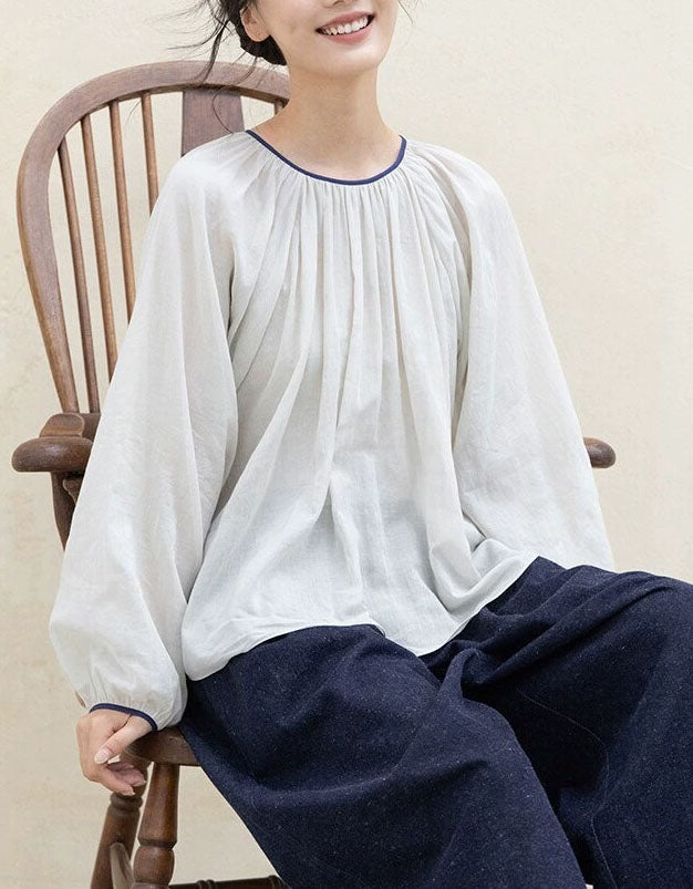 Soft Cotton White Long Sleeve Bohemian Blouse Top