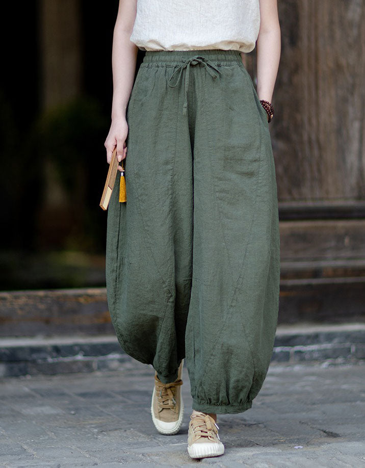 Beige Bohemian Linen Pants Balloon Style Women Outfit