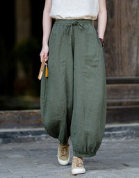 Beige Bohemian Linen Pants Balloon Style Women Outfit