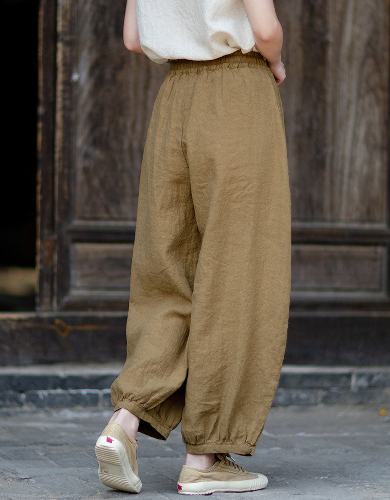 Minimalist Beige Linen Pants Women Loose Fit Fashion