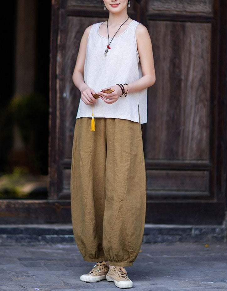 Loose Fit Beige Linen Pants Women Summer Travel Outfit