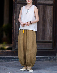 Loose Fit Beige Linen Pants Women Summer Travel Outfit