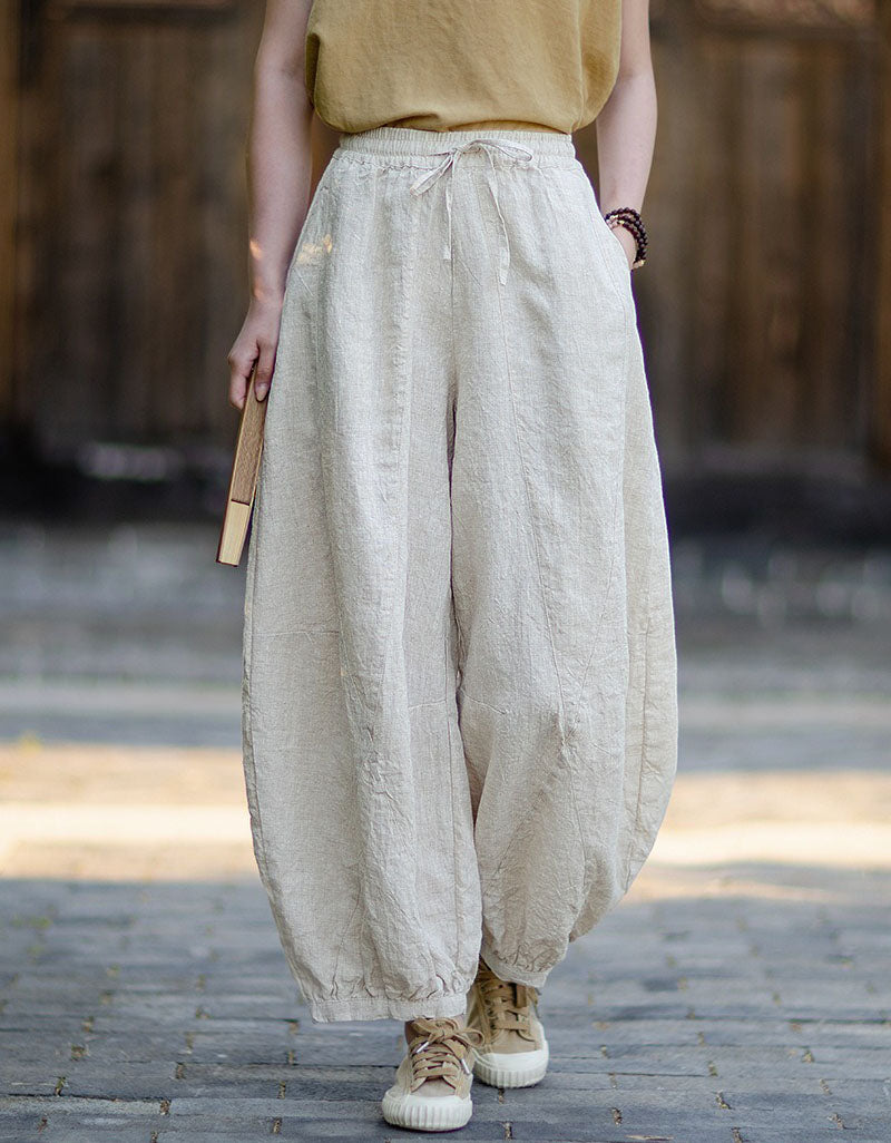 Women Beige Linen Harem Pants Loose Balloon Fit Summer