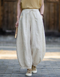 Women Beige Linen Harem Pants Loose Balloon Fit Summer