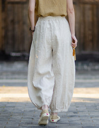 Women Casual Linen Balloon Pants Elastic Waist Summer
