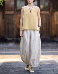 Women Baggy Linen Harem Pants Elastic Waist Casual Wear