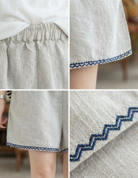 Women Summer Comfortable Soft Embroidered Hem Linen Shorts