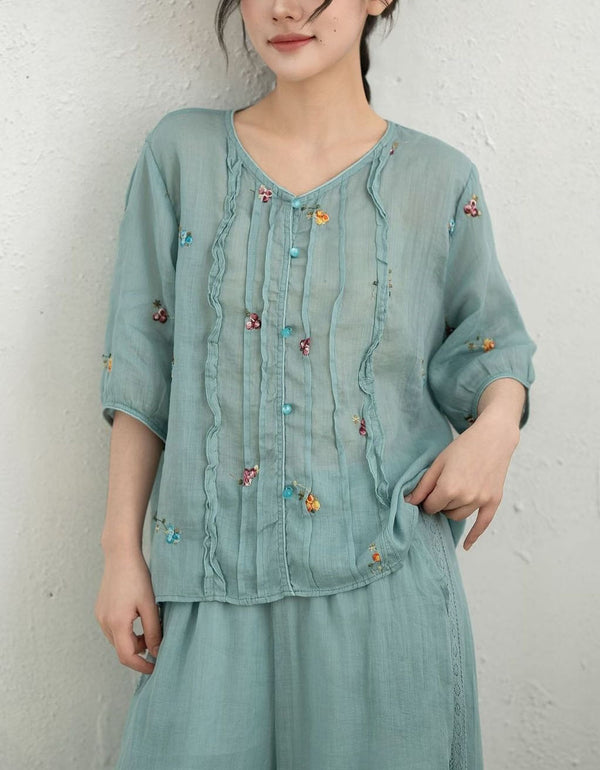 Elegant half sleeve pink cottagecore top with delicate floral embroidery