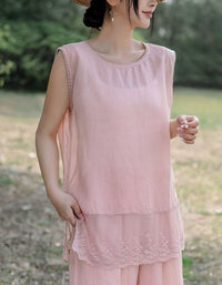 Women’s Pink Linen Tank Top with Lace Trim