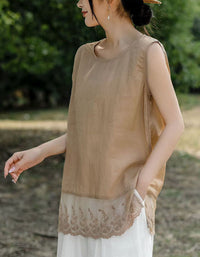 Khaki Sleeveless Lace Hem Linen Blouse Women