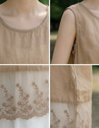 Elegant Khaki Sleeveless Lace Detail Summer Top