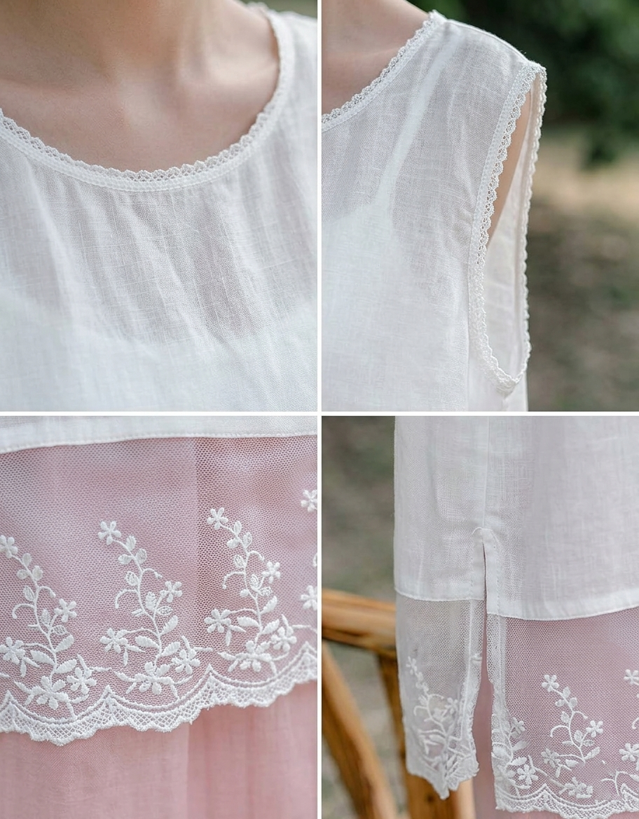Women’s white summer tank top with embroidered lace detail