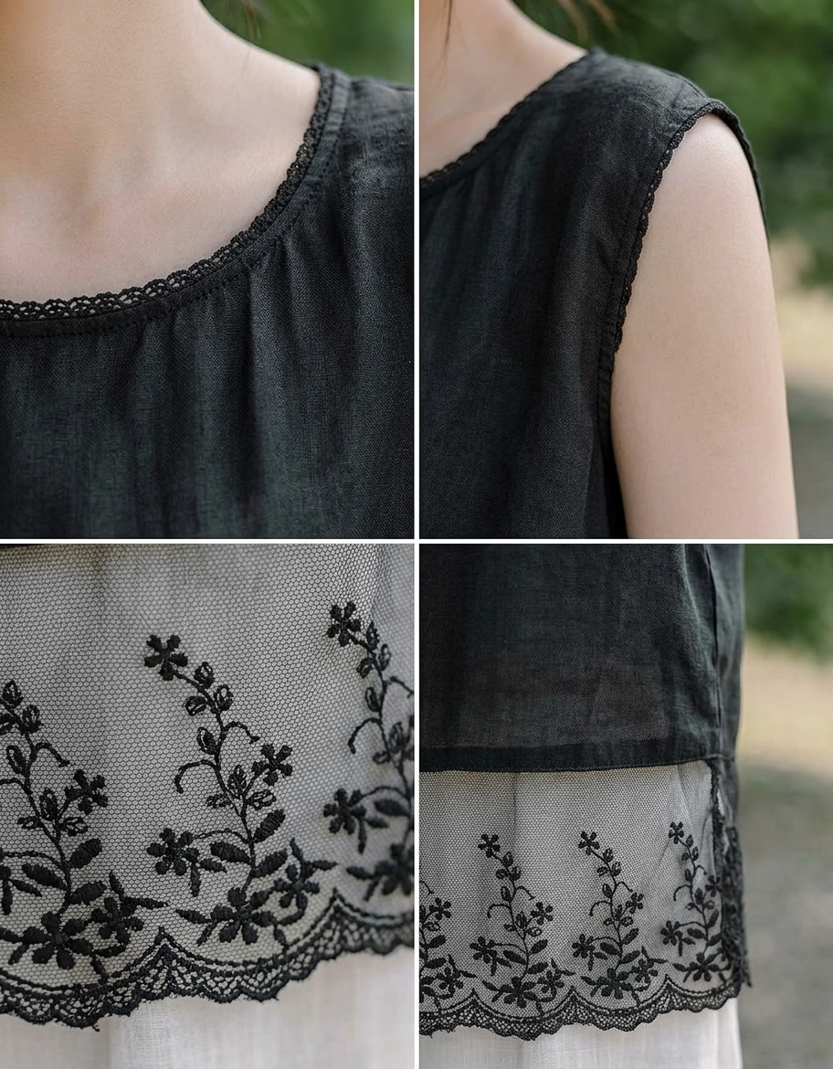 Details ofLoose Fit Black Linen Lace Trim Tank Top Women
