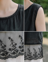 Details ofLoose Fit Black Linen Lace Trim Tank Top Women